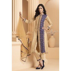 CTL-167 GOLD AND NAVY BLUE DUPION SLIT STYLE EMBROIDERED READY MADE SUIT